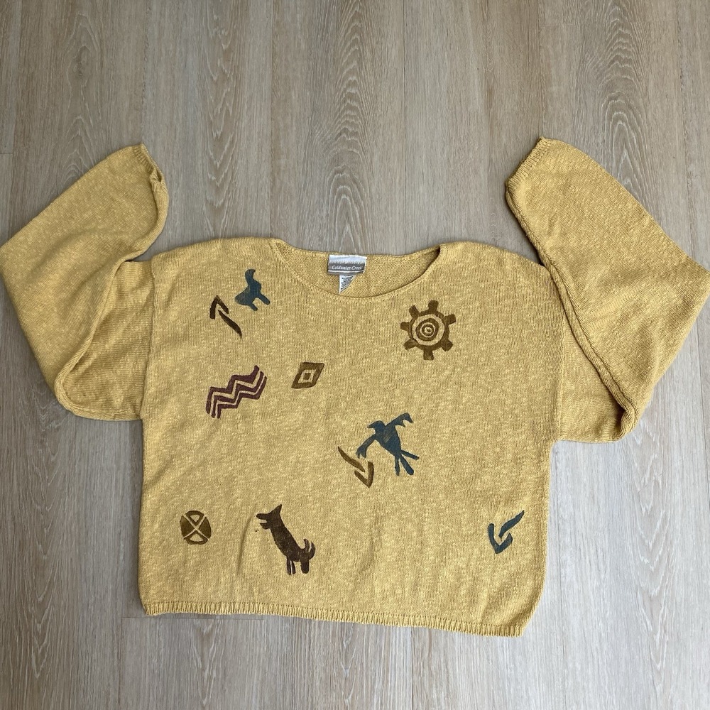 VTG 90s Coldwater Creek Southwestern Butter Yellow Knit Sweater XL Made in USA